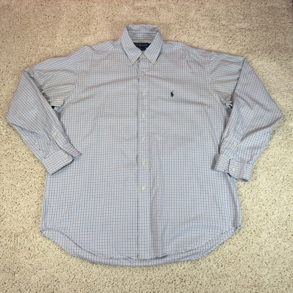 Ralph Lauren Blake Button Down Mens Large Blue White Check Cotton Long Sleeve